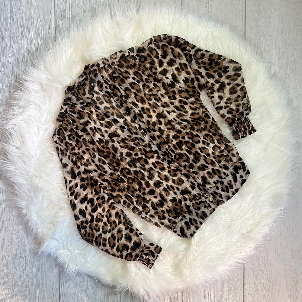 EUC [Guess] Sheer Leopard Top | Smocked Button Down Shirt Cheetah Blouse | Small - Picture 3 of 14